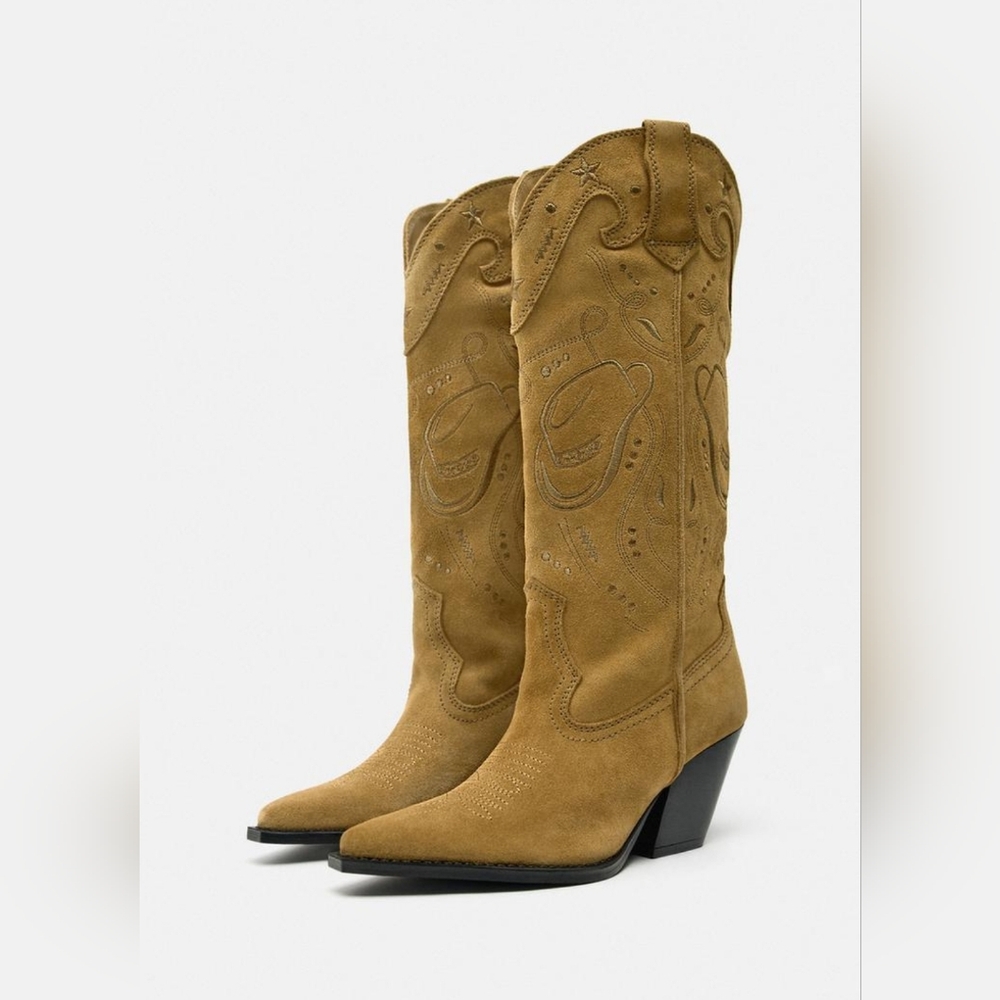 Zara Western Embroidered Boots Split Leather Tall Cowgirl Boots Size 41 Size 10